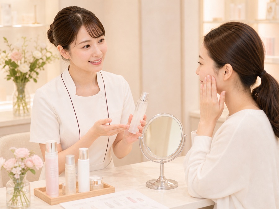 美肌レッスンでスキンケアを案内する様子